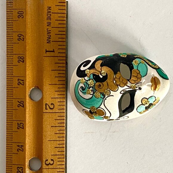 Mardi Gras Mask Hand Painted Ceramic Pin Brooch With Gold Teal Floral Accents - Picture 4 of 4
